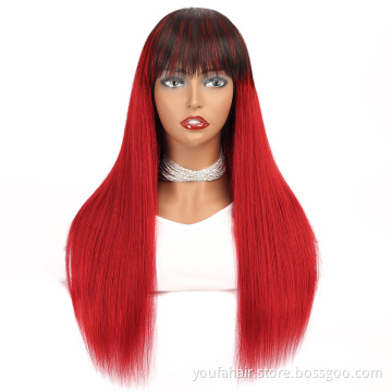 Cheap Price Remy Human Hair Straight 1b Red Ombre Color Bangs Wig Cuticle Aligned Non Lace Full Machine Made Wig for Black Women